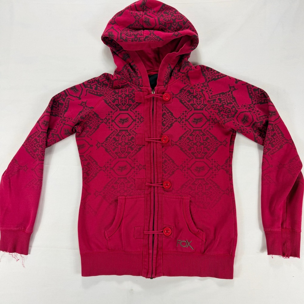 Fox Womens Zip Up Hoodie Pink Graphic Toggle Front Moto Sweatshirt‎ Thrashed
